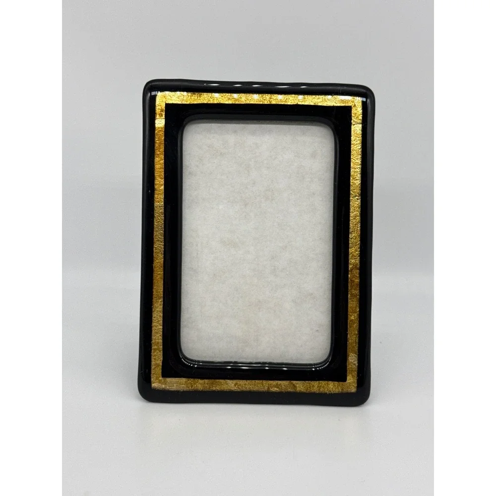 VTG Black and Gold Inlay Picture Frame Tabletop for 3x5 Photo Glass 1980s
